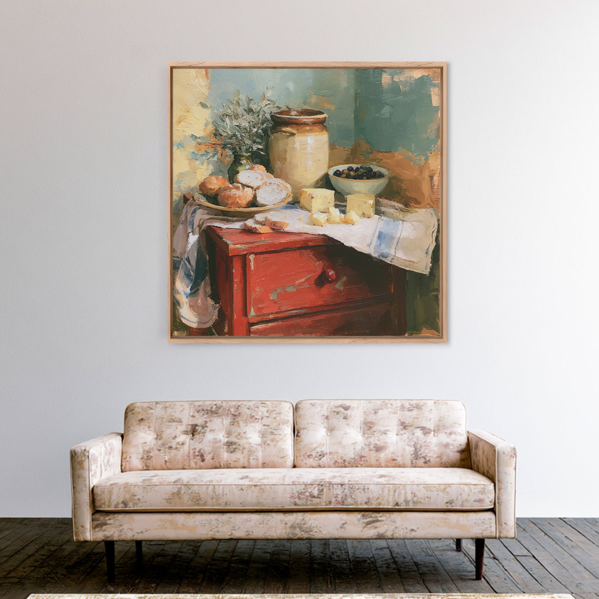 Rustic Bread Olives and Cheese Still Life Canvas Print, Dining Room Art, Living Room Decor, Dining Room Decor, Dining, DRA-1x1-6