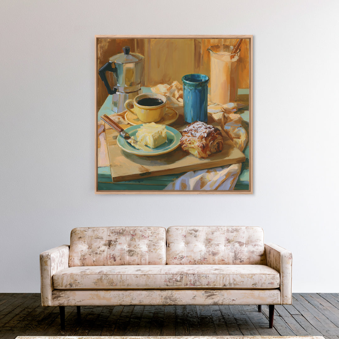 Coffee and Pastry Scene for Breakfast Nook Framed Canvas Print, Dining Room Art, Kitchen Wall Decor, Dining Room Decor, Dining, DRA-1x1-62