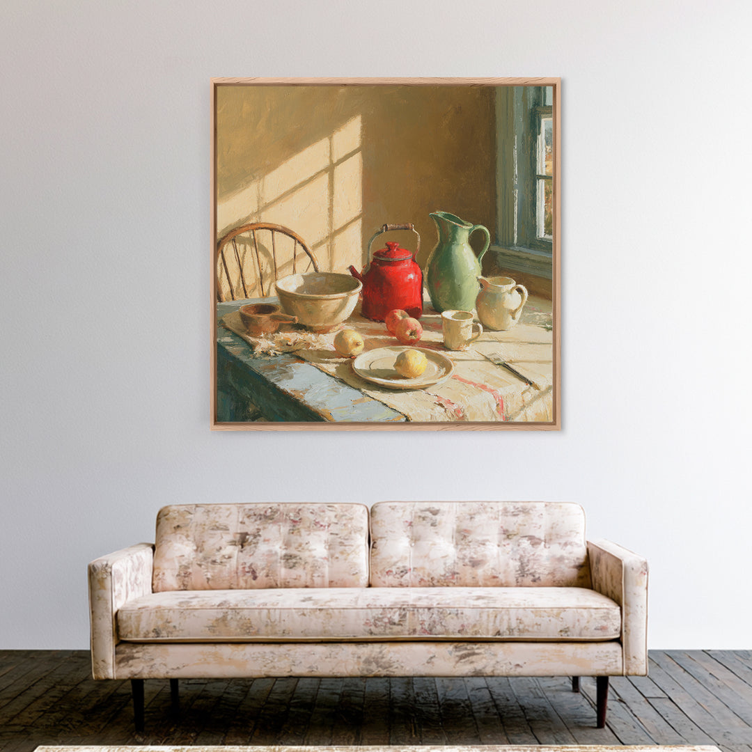 Sunlit Farmhouse Table Objects Without Room View Canvas Print, Dining Room Art, Coastal Wall Art, Dining Room Decor, Dining, DRA-1x1-65