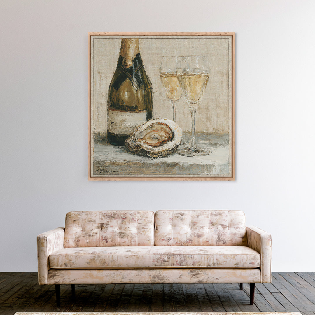 Elegant Oyster and Champagne Still Life Framed Canvas Print, Dining Room Art, Bedroom Decor, Dining Room Decor, Dining, DRA-1x1-7