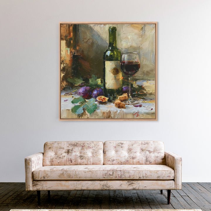 Wine Bottle and Figs on a Linen Canvas Print, Dining Room Art, Gallery Decor, Dining Room Decor, Abstract Art, Dining, DRA-1x1-75