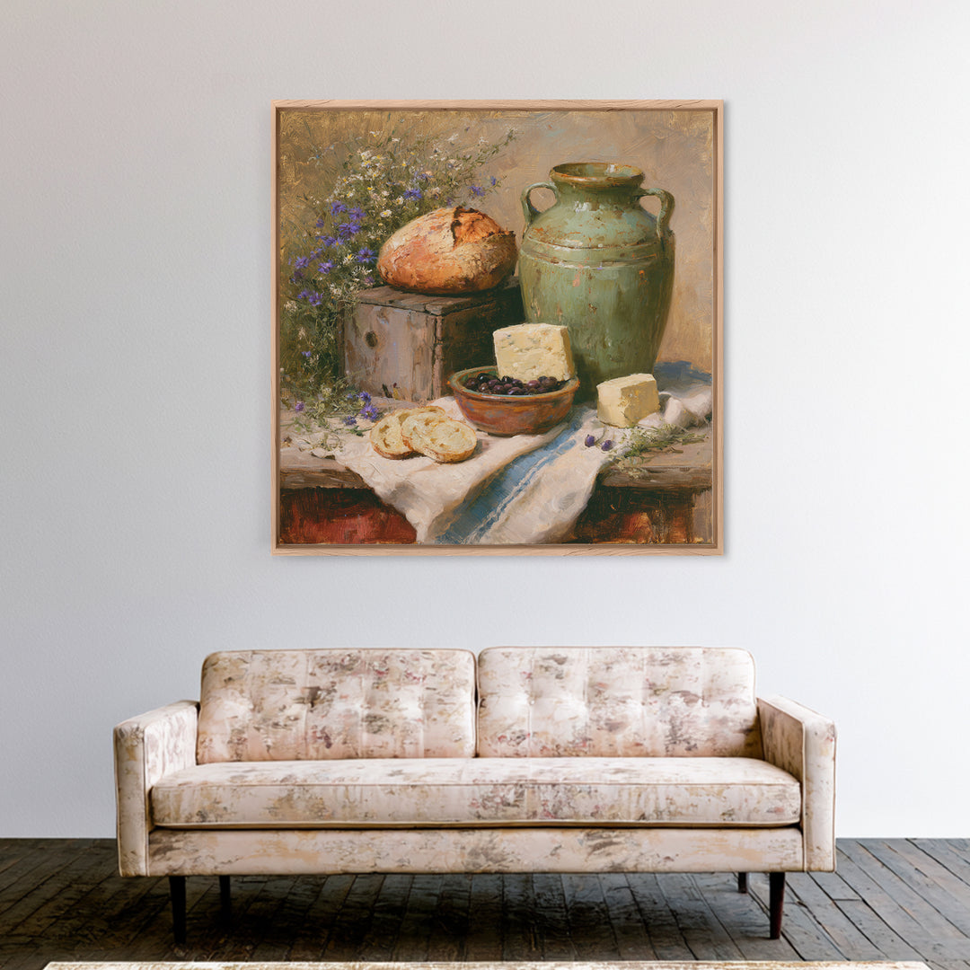 Rustic Bread Olives and Cheese Still Life Framed Canvas Print, Dining Room Art, Kitchen Prints, Dining Room Decor, Dining, DRA-1x1-78