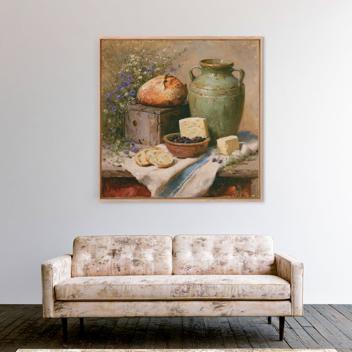 Rustic Bread Olives and Cheese Still Life Framed Canvas Print, Dining Room Art, Kitchen Prints, Dining Room Decor, Dining, DRA-1x1-78