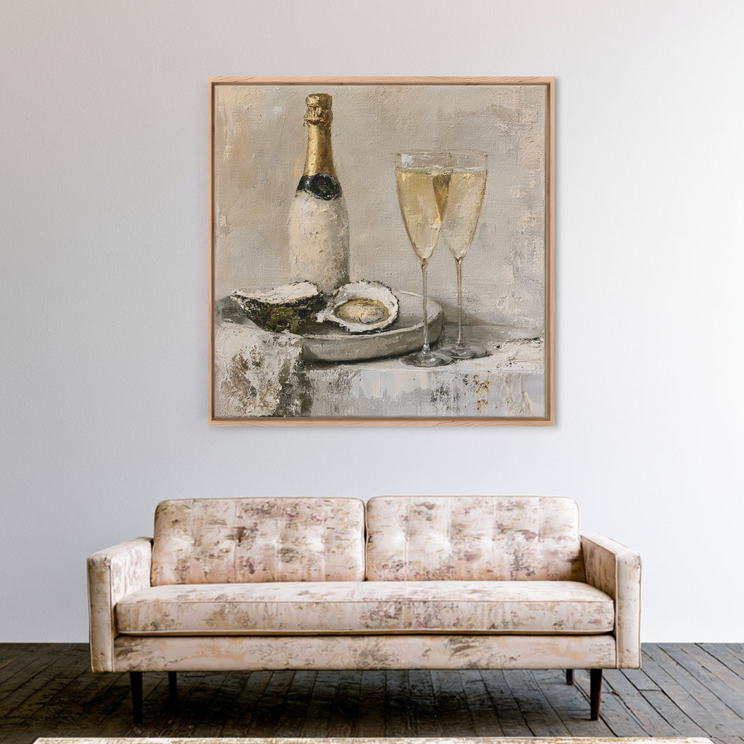 Elegant Oyster and Champagne Still Life Framed Canvas Print, Dining Room Art, Dining Room Decor, Oil Painting, Dining, DRA-1x1-79