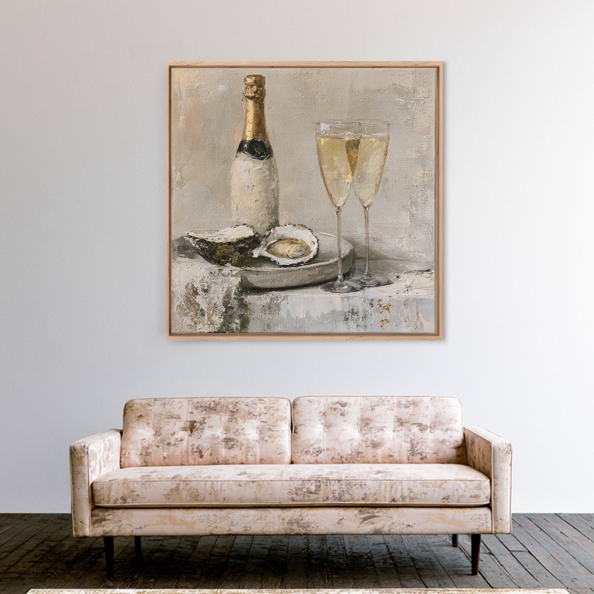 Elegant Oyster and Champagne Still Life Framed Canvas Print, Dining Room Art, Dining Room Decor, Oil Painting, Dining, DRA-1x1-79