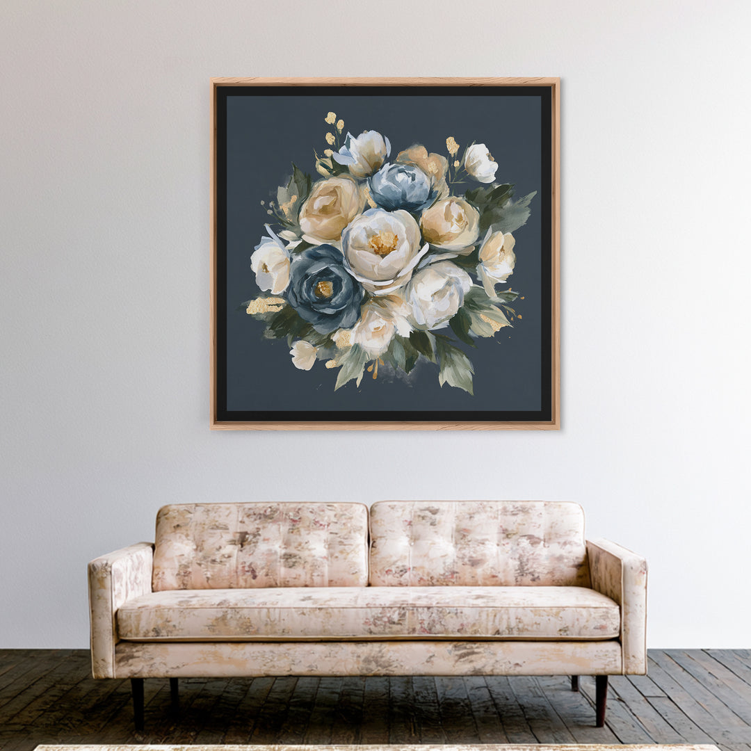 Moody Dark Background Bouquet for Formal Dining Framed Canvas Print, Dining Room Art, Neutral Decor, Dining Room Decor, Dining, DRA-1x1-83