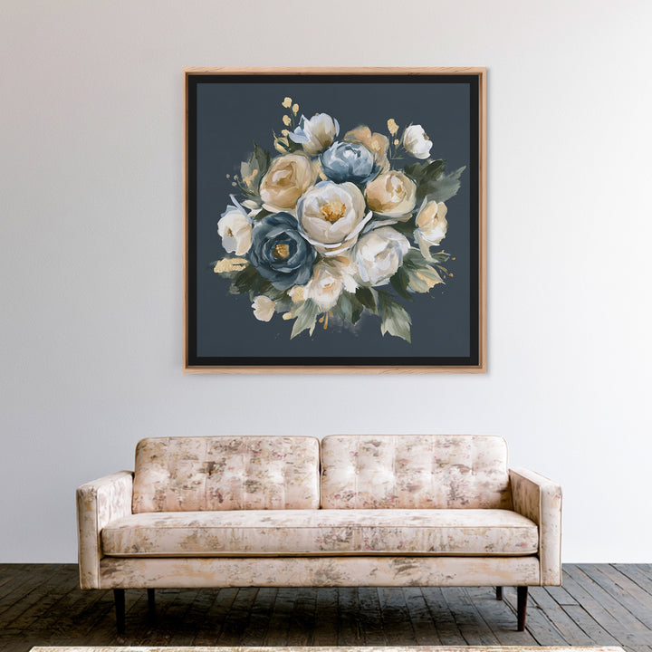 Moody Dark Background Bouquet for Formal Dining Framed Canvas Print, Dining Room Art, Neutral Decor, Dining Room Decor, Dining, DRA-1x1-83