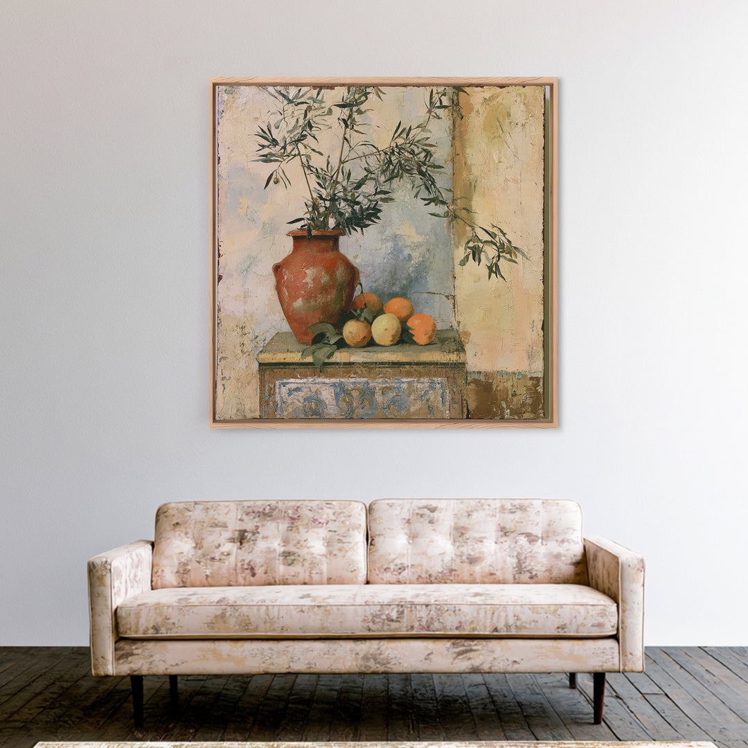Mediterranean Olive Branch and Citrus Arrangement Canvas Print, Dining Room Art, Coastal Decor, Dining Room Decor, Dining, DRA-1x1-84