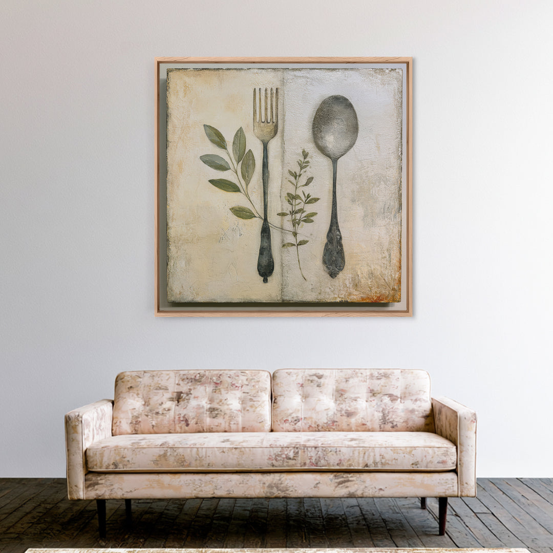 Minimal Fork Spoon and Herb Composition Canvas Print, Dining Room Art, Coastal Wall Art, Dining Room Decor, Fine Art, Dining, DRA-1x1-94