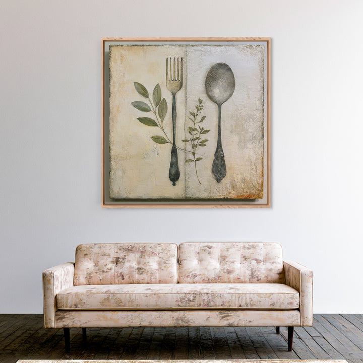 Minimal Fork Spoon and Herb Composition Canvas Print, Dining Room Art, Coastal Wall Art, Dining Room Decor, Fine Art, Dining, DRA-1x1-94
