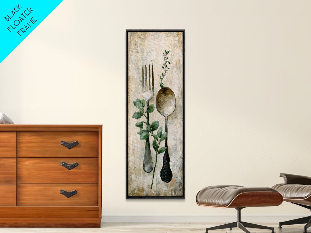 Minimal Fork Spoon and Herb Composition Canvas Print, Dining Room Art, Kitchen Art, Dining Room Decor, Fine Art, Dining, DRA-1x3-10
