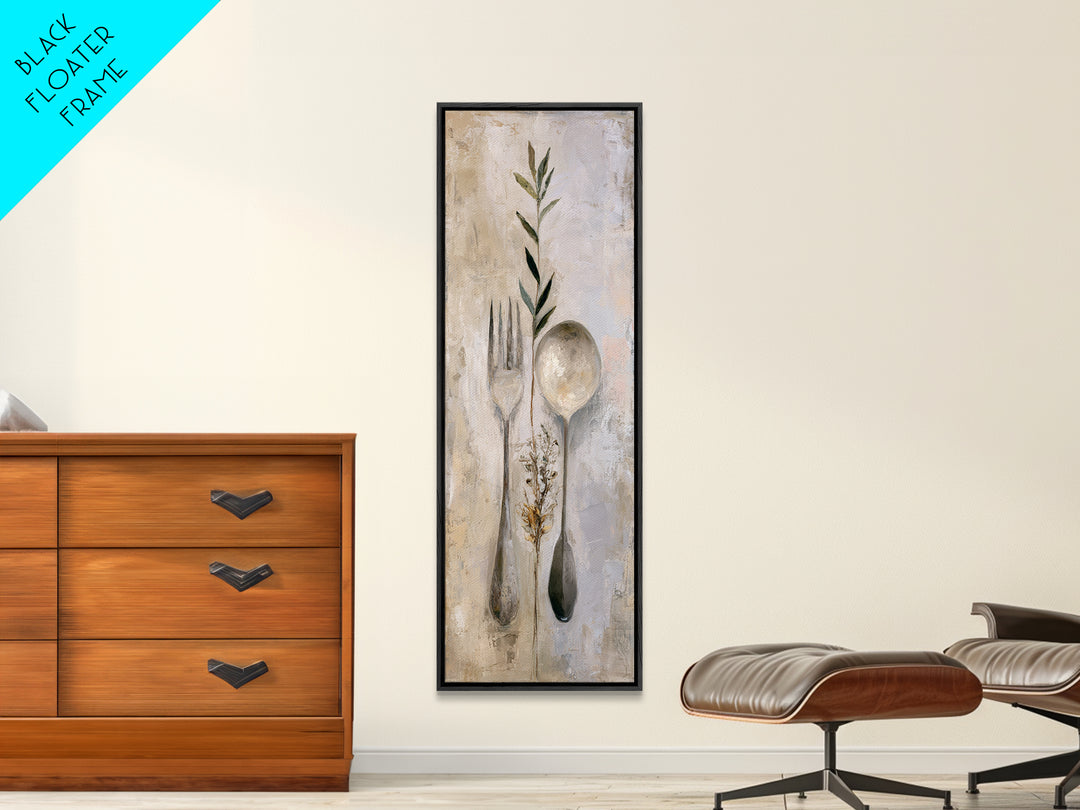 Minimal Fork Spoon and Herb Composition Canvas Print, Dining Room Art, Bedroom Wall Art, Dining Room Decor, Dining, DRA-1x3-34
