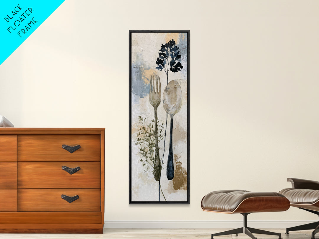 Minimal Fork Spoon and Herb Composition Canvas Print, Dining Room Art, Bedroom Wall Art, Dining Room Decor, Dining, DRA-1x3-58