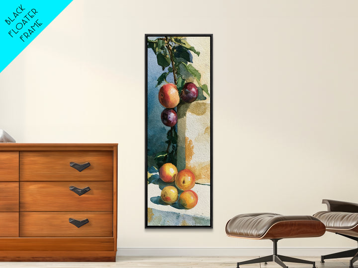 Peach and Plum Still Life Framed Canvas Print, Dining Room Art, Large Wall Art, Dining Room Decor, Dining, Watercolor Painting, DRA-1x3-80