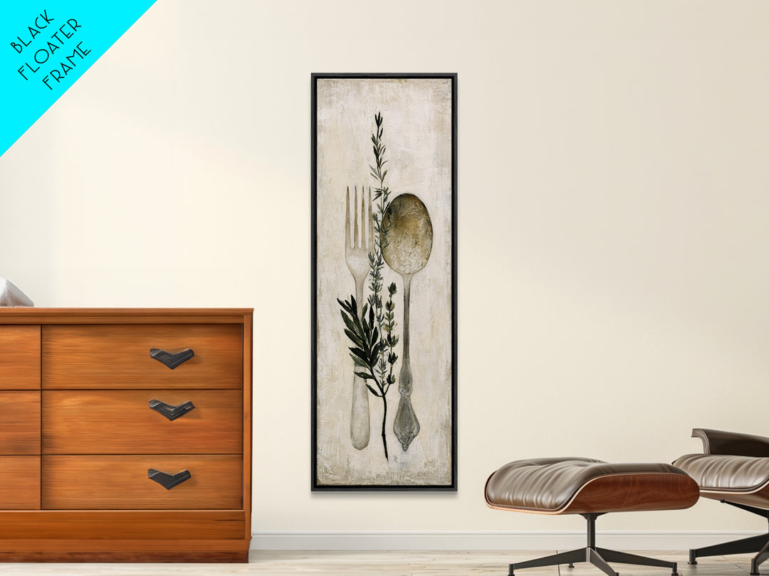 Minimal Fork Spoon and Herb Composition Canvas Print, Dining Room Art, Coastal Decor, Dining Room Decor, Oil Painting, Dining, DRA-1x3-82