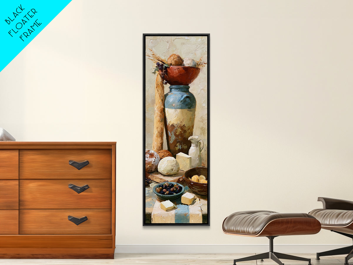 Rustic Bread Olives and Cheese Still Life Canvas Print, Dining Room Art, Modern Decor, Dining Room Decor, Oil Painting, Dining, DRA-1x3-90