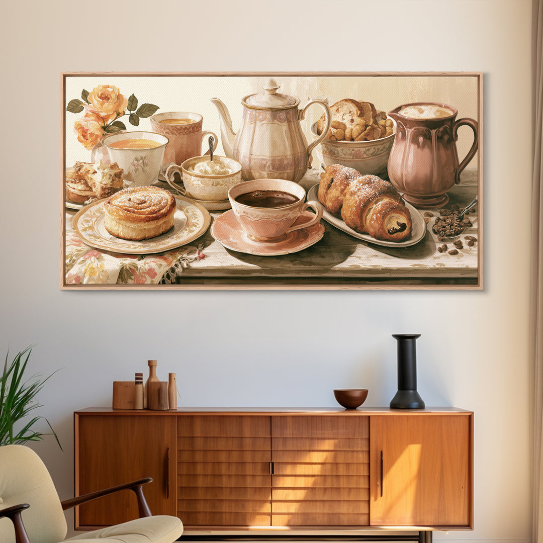 Coffee and Pastry Scene for Breakfast Nook Framed Canvas Print, Dining Room Art, Fine Art Print, Dining Room Decor, Dining, DRA-2x1-10