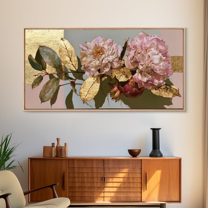 Pomegranate and Gold Leaf Botanical Study Canvas Print, Dining Room Art, Bedroom Wall Art, Dining Room Decor, Dining, DRA-2x1-100