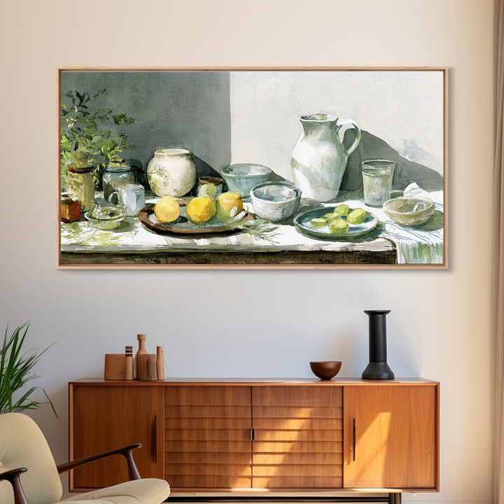 Sunlit Farmhouse Table Objects Without Room View Framed Canvas Print, Dining Room Art, Boho Decor, Dining Room Decor, Dining, DRA-2x1-13