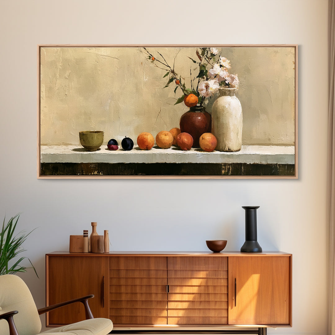 Peach and Plum Still Life Framed Canvas Print, Dining Room Art, Modern Decor, Dining Room Decor, Fine Art, Dining, Home Decor, DRA-2x1-16