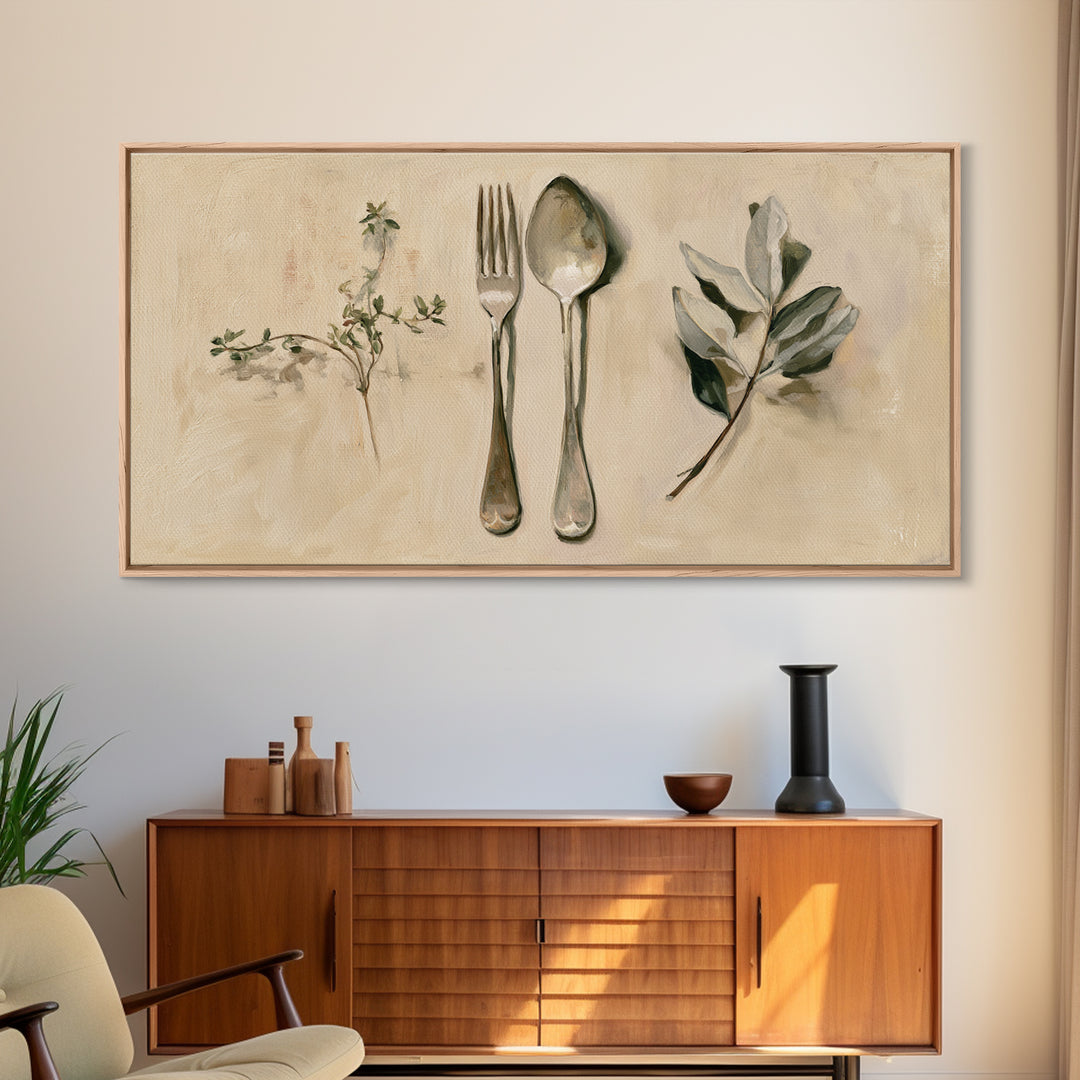 Minimal Fork Spoon and Herb Composition Framed Canvas Print, Dining Room Art, Gallery Decor, Dining Room Decor, Dining, DRA-2x1-18