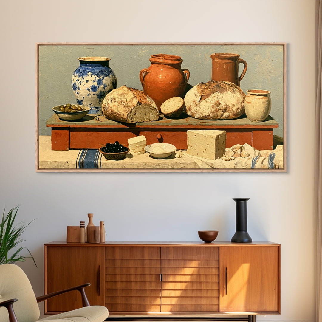 Rustic Bread Olives and Cheese Still Life Canvas Print, Dining Room Art, Neutral Decor, Dining Room Decor, Abstract Art, Dining, DRA-2x1-2