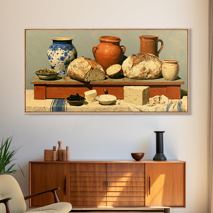 Rustic Bread Olives and Cheese Still Life Canvas Print, Dining Room Art, Neutral Decor, Dining Room Decor, Abstract Art, Dining, DRA-2x1-2