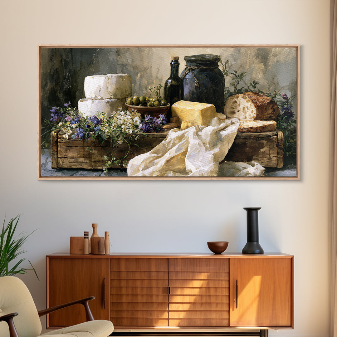 Rustic Bread Olives and Cheese Still Life Canvas Print, Dining Room Art, Neutral Decor, Dining Room Decor, Abstract Art, Dining, DRA-2x1-26