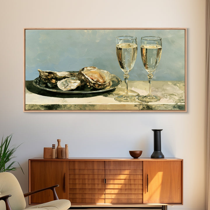 Elegant Oyster and Champagne Still Life Framed Canvas Print, Dining Room Art, Dining Room Decor, Oil Painting, Dining, DRA-2x1-27