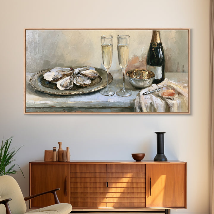 Elegant Oyster and Champagne Still Life Framed Canvas Print, Dining Room Art, Bedroom Decor, Dining Room Decor, Dining, DRA-2x1-3