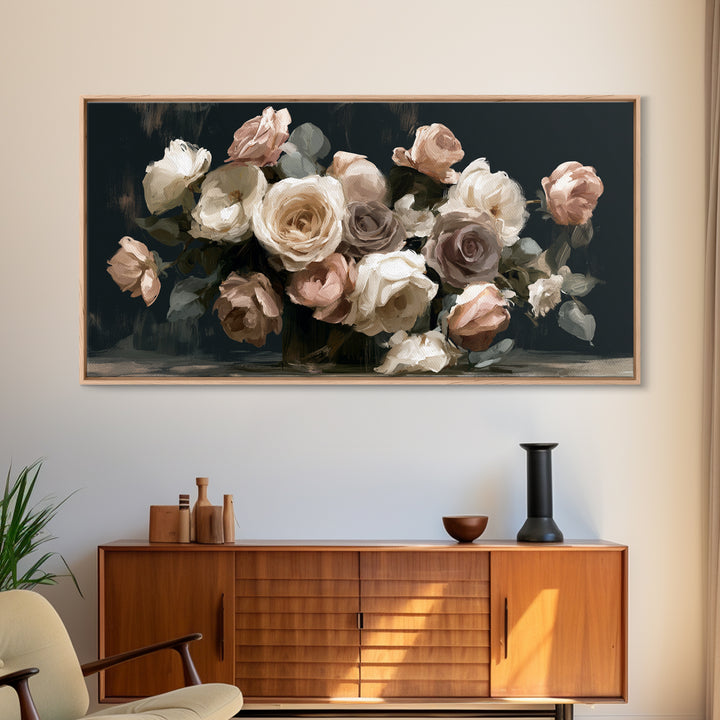 Moody Dark Background Bouquet for Formal Dining Canvas Print, Dining Room Art, Large Wall Art, Dining Room Decor, Dining, DRA-2x1-31