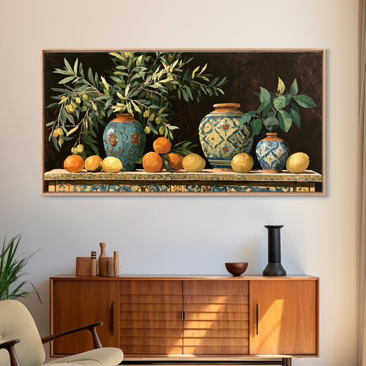 Mediterranean Olive Branch and Citrus Arrangement Canvas Print, Dining Room Art, Minimalist Decor, Dining Room Decor, Dining, DRA-2x1-32