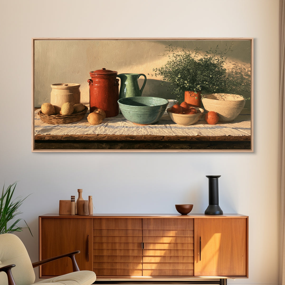 Sunlit Farmhouse Table Objects Without Room View Framed Canvas Print, Dining Room Art, Boho Decor, Dining Room Decor, Dining, DRA-2x1-37