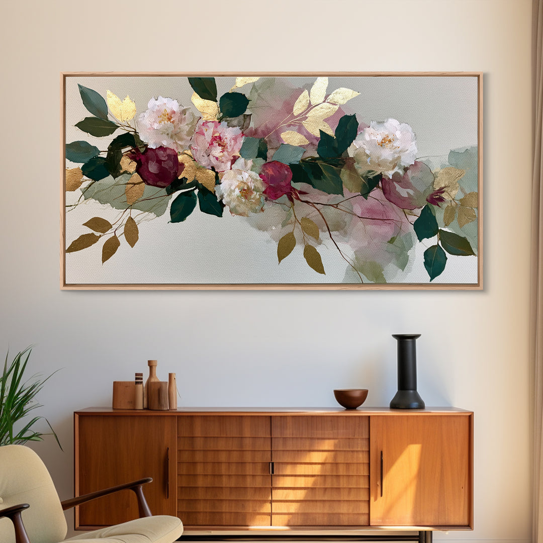 Pomegranate and Gold Leaf Botanical Study Canvas Print, Dining Room Art, Boho Decor, Dining Room Decor, Oil Painting, Dining, DRA-2x1-4