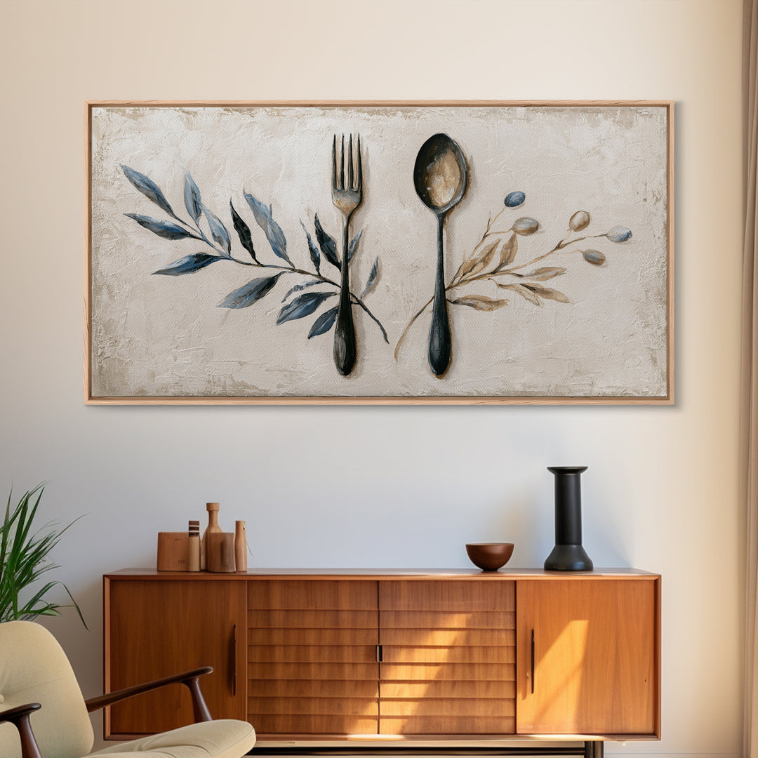 Minimal Fork Spoon and Herb Composition Framed Canvas Print, Dining Room Art, Gallery Decor, Dining Room Decor, Dining, DRA-2x1-42