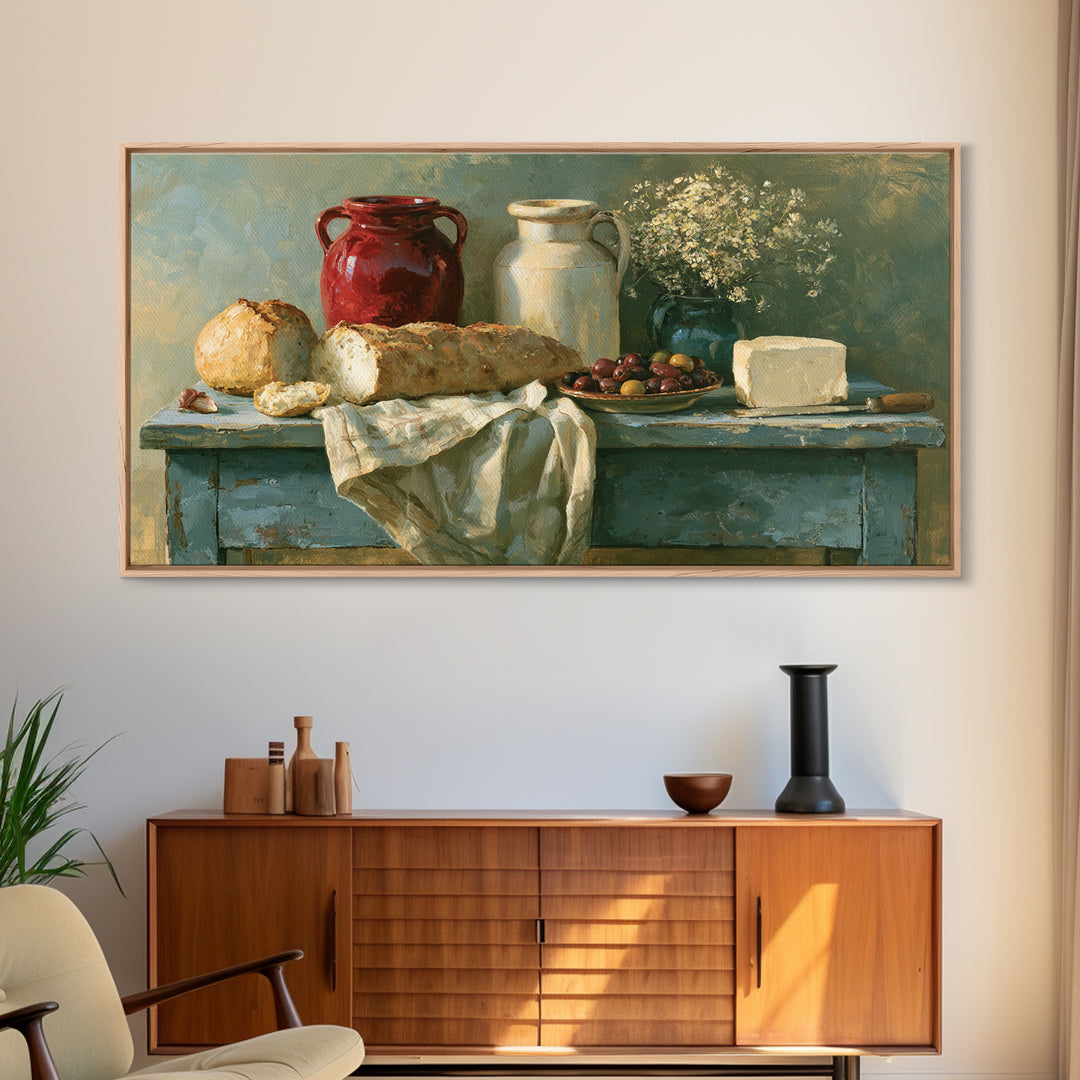 Rustic Bread Olives and Cheese Still Life Framed Canvas Print, Dining Room Art, Luxury Decor, Dining Room Decor, Dining, DRA-2x1-50