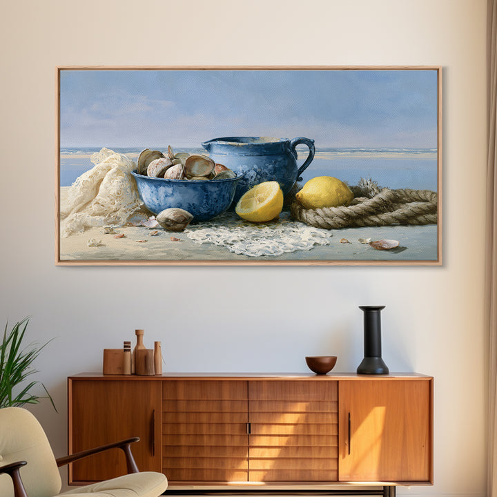 Shellfish and Lemon Still Life Framed Canvas Print, Dining Room Art, Large Wall Art, Dining Room Decor, Oil Painting, Dining, DRA-2x1-60