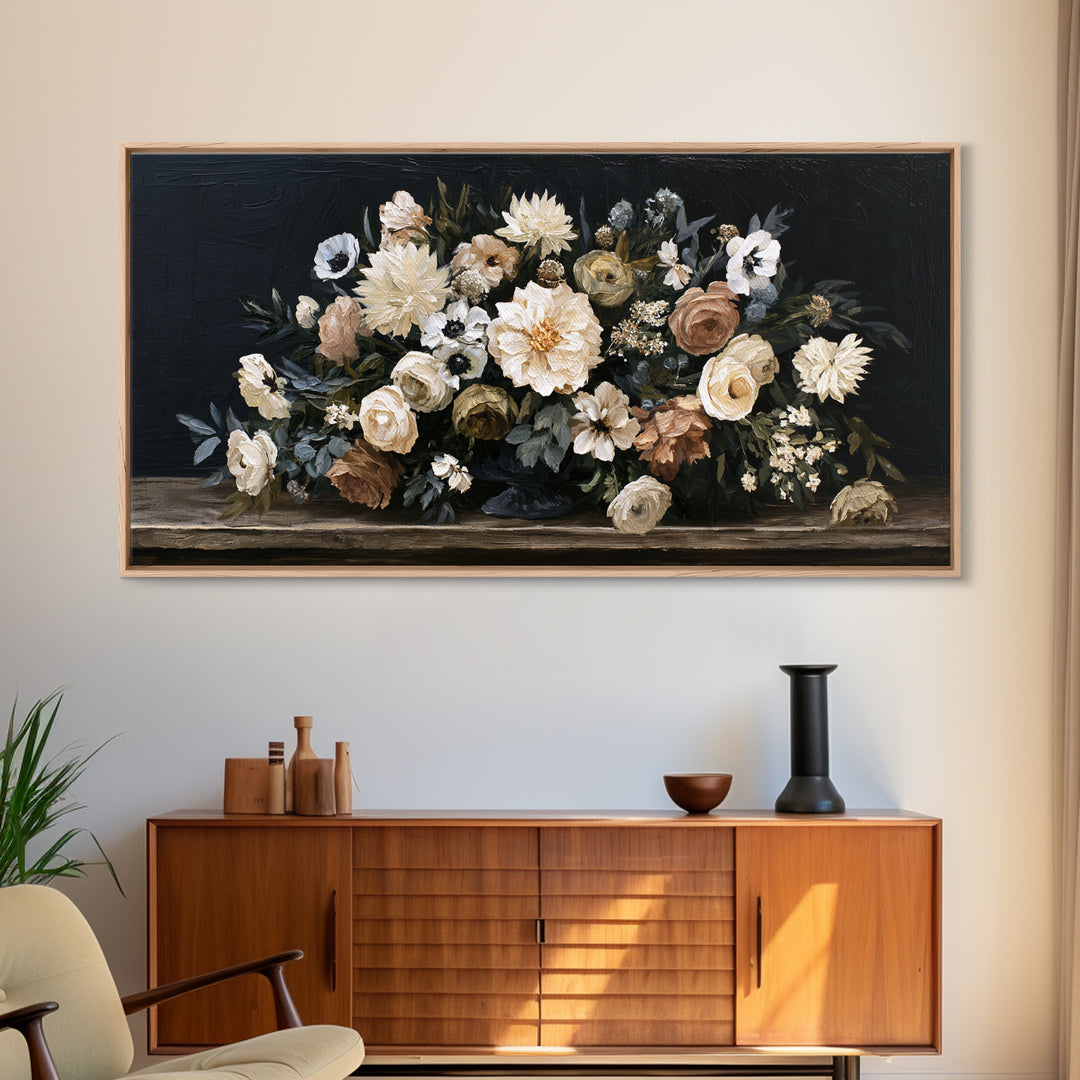 Moody Dark Background Bouquet for Formal Dining Canvas Print, Dining Room Art, Contemporary Art, Dining Room Decor, Dining, DRA-2x1-7