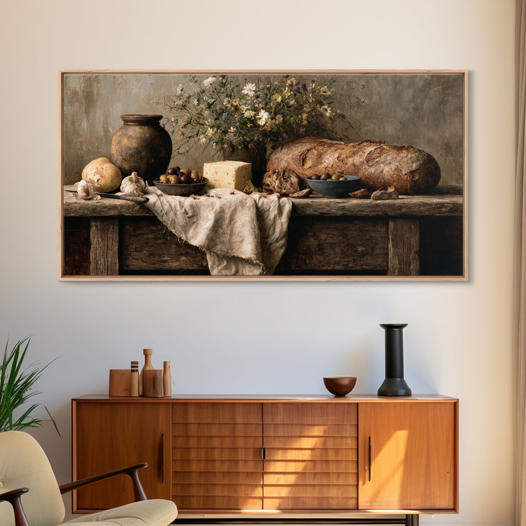 Rustic Bread Olives and Cheese Still Life Canvas Print, Dining Room Art, Dining Room Decor, Watercolor Art, Dining, DRA-2x1-74