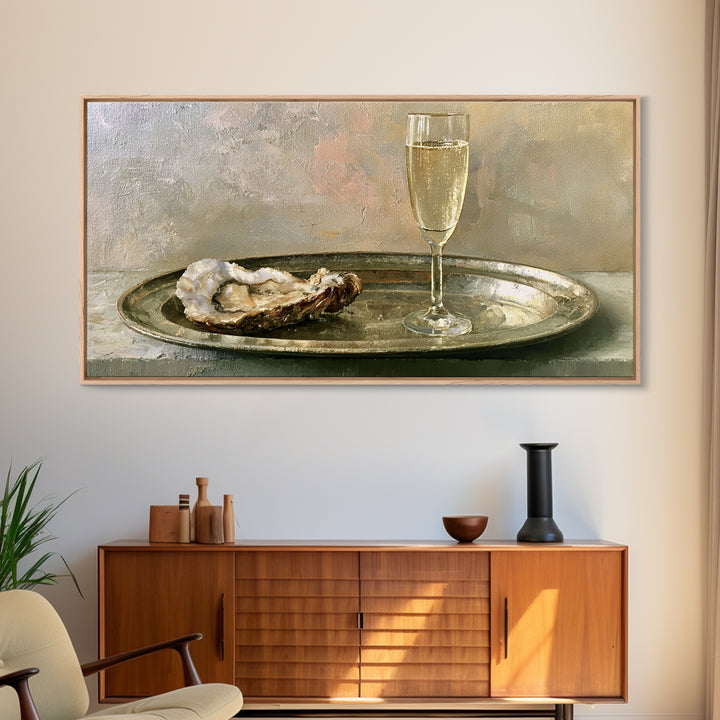Elegant Oyster and Champagne Still Life Framed Canvas Print, Dining Room Art, Neutral Decor, Dining Room Decor, Dining, DRA-2x1-75
