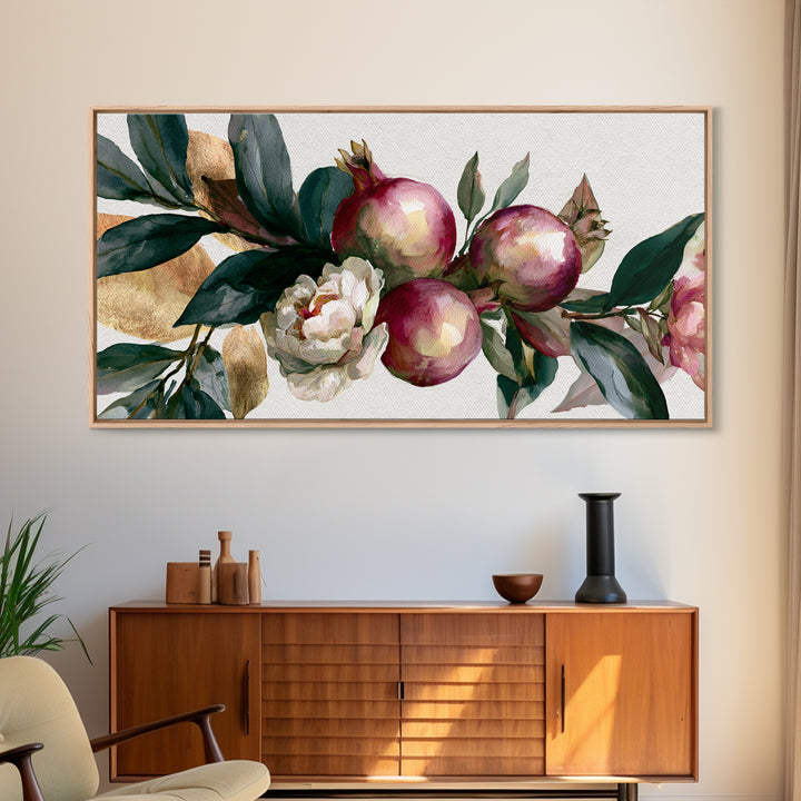 Pomegranate and Gold Leaf Botanical Study Canvas Print, Dining Room Art, Kitchen Art, Dining Room Decor, Fine Art, Dining, DRA-2x1-76