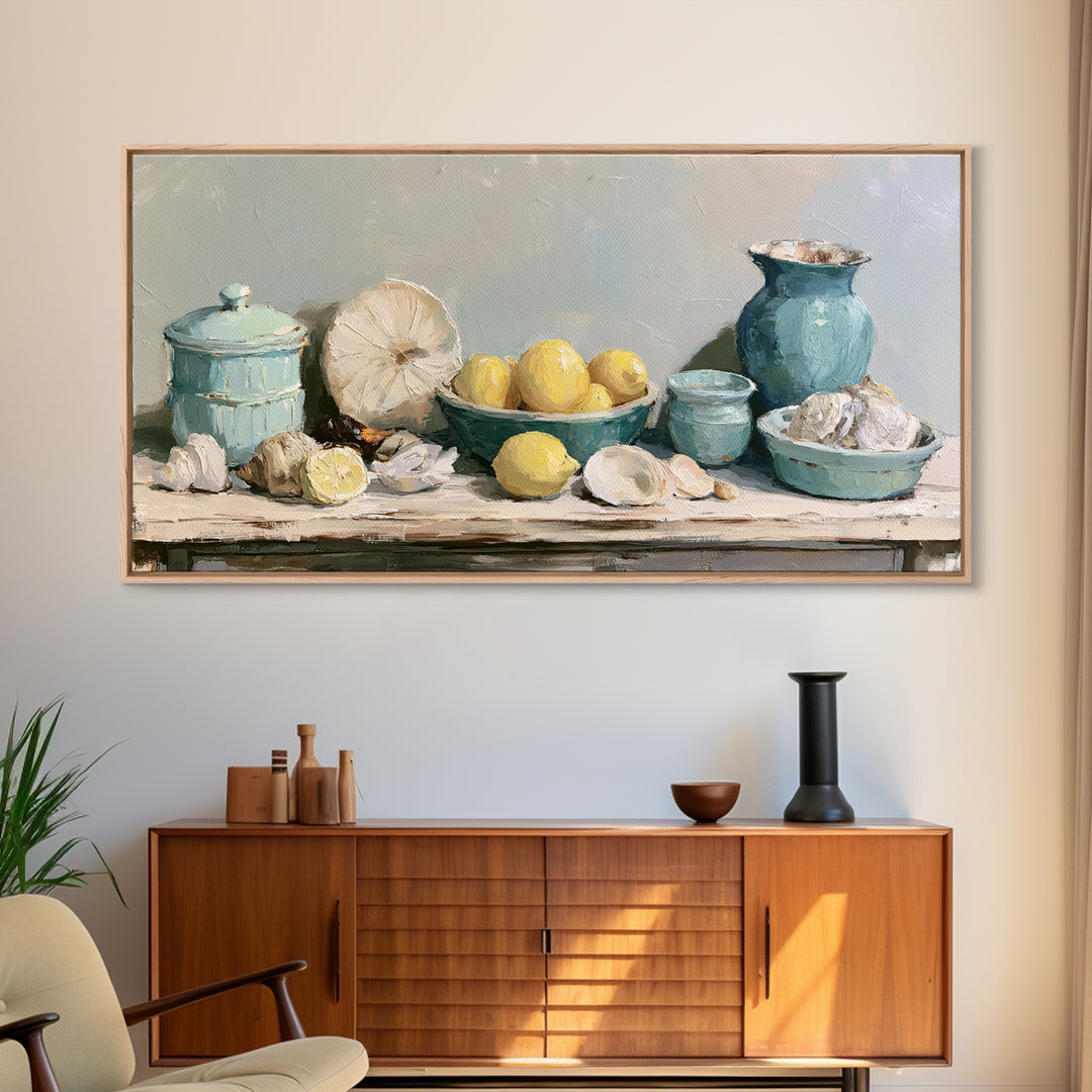 Shellfish and Lemon Still Life Framed Canvas Print, Dining Room Art, Abstract Wall Art, Dining Room Decor, Fine Art, Dining, DRA-2x1-84