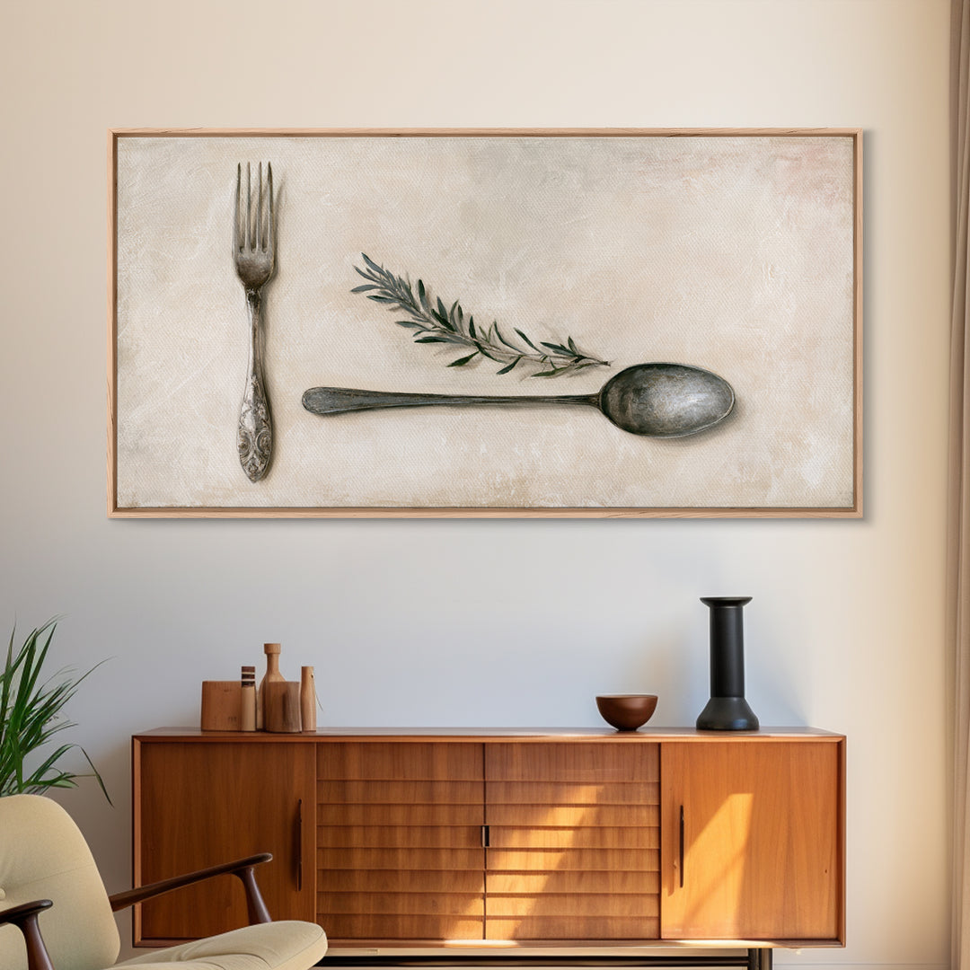 Minimal Fork Spoon and Herb Composition Framed Canvas Print, Dining Room Art, Dining Room Decor, Oil Painting, Dining, DRA-2x1-90