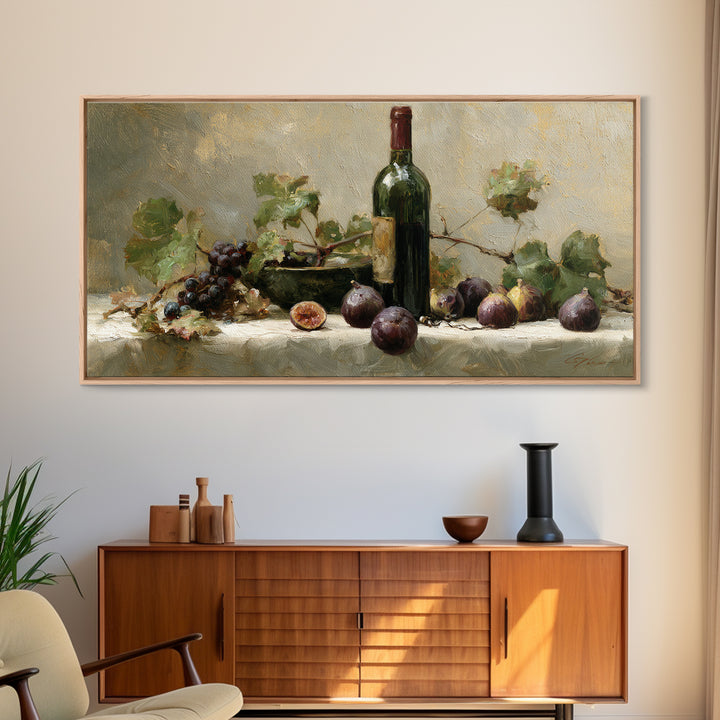 Wine Bottle and Figs on a Linen Framed Canvas Print, Dining Room Art, Coastal Decor, Dining Room Decor, Fine Art, Dining, DRA-2x1-95