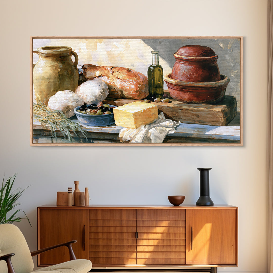Rustic Bread Olives and Cheese Still Life Canvas Print, Dining Room Art, Dining Room Decor, Watercolor Art, Dining, DRA-2x1-98
