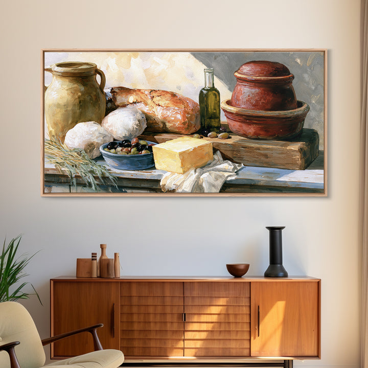 Rustic Bread Olives and Cheese Still Life Canvas Print, Dining Room Art, Dining Room Decor, Watercolor Art, Dining, DRA-2x1-98