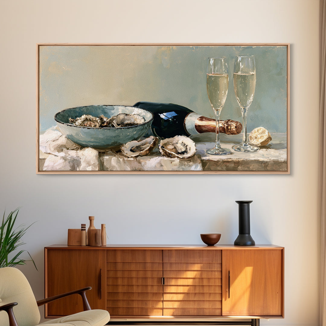 Elegant Oyster and Champagne Still Life Framed Canvas Print, Dining Room Art, Kitchen Wall Art, Dining Room Decor, Dining, DRA-2x1-99