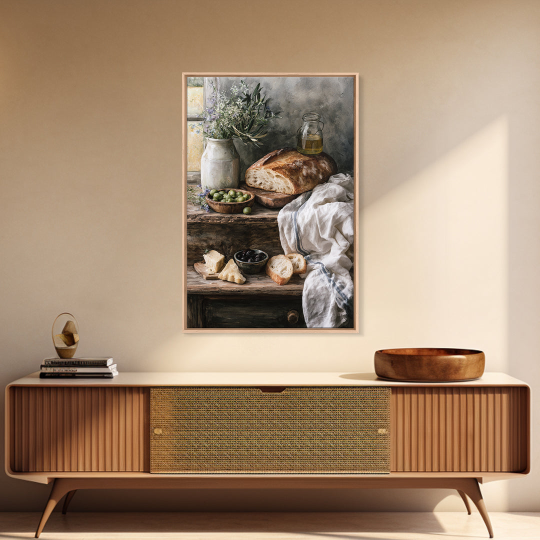 Rustic Bread Olives and Cheese Still Life Canvas Print, Dining Room Art, Modern Decor, Dining Room Decor, Oil Painting, Dining, DRA-2x3-14