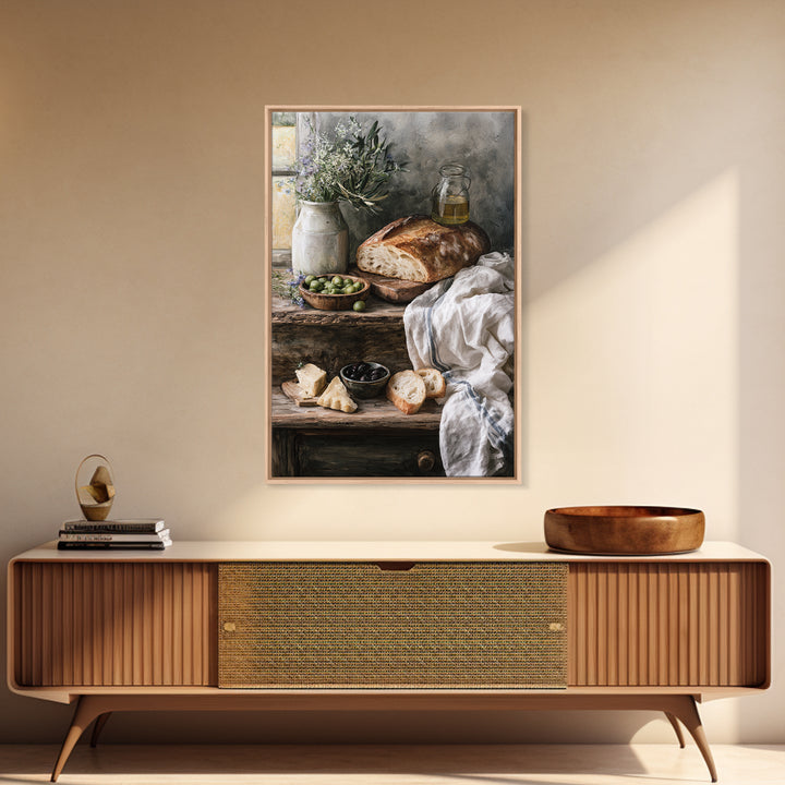 Rustic Bread Olives and Cheese Still Life Canvas Print, Dining Room Art, Modern Decor, Dining Room Decor, Oil Painting, Dining, DRA-2x3-14