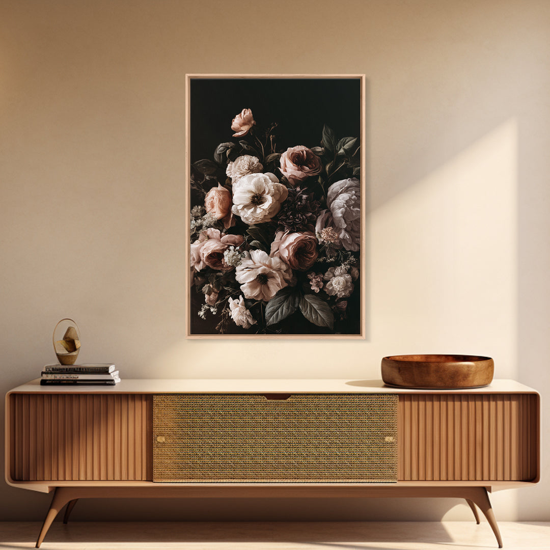 Moody Dark Background Bouquet for Formal Dining Canvas Print, Dining Room Art, 3 Piece Wall Art, Dining Room Decor, Dining, DRA-2x3-19
